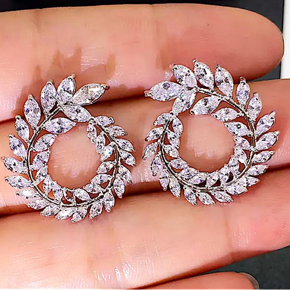 Silver Cubic Zircon Leaf CZ Wreath Rhinestone Diamond Earrings - Picture 4 of 7